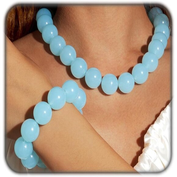 Women's Light Blue Handmade Chunky Beaded Large Round Beads Bracelet Necklace - Picture 1 of 6